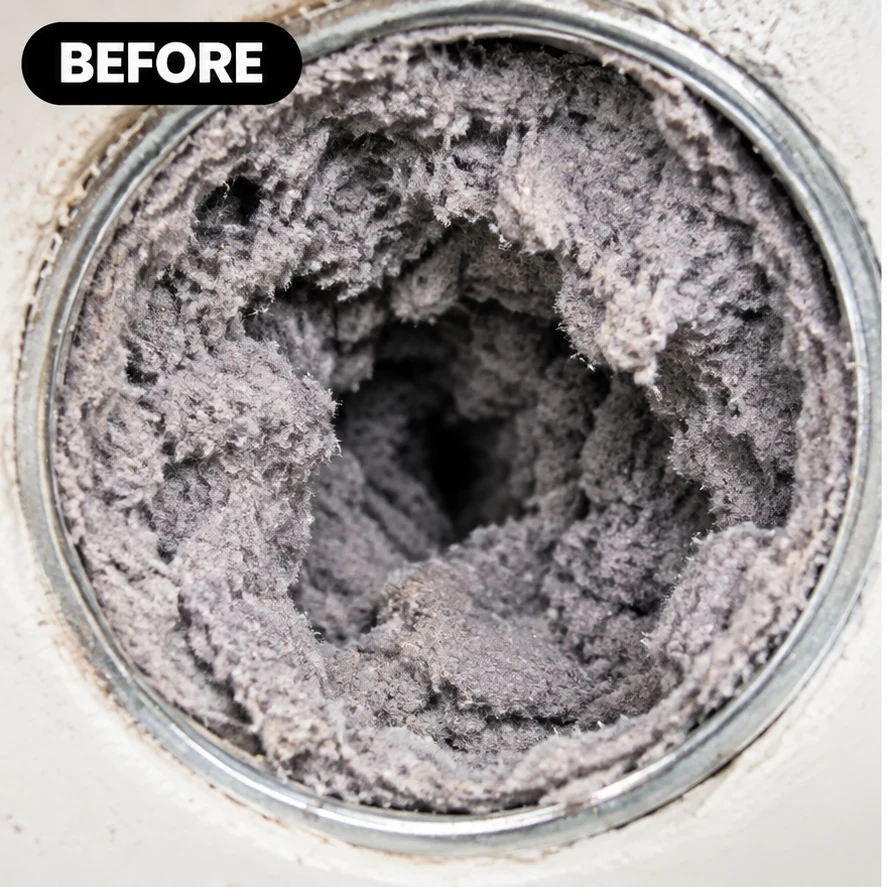 Residential dryer vent heavily packed with lint before professional cleaning