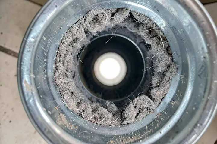 Dryer vent duct packed with lint before cleaning